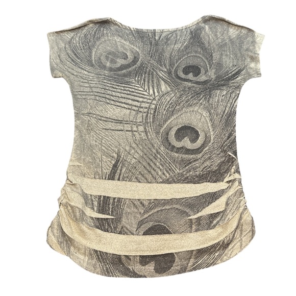 Y2K TWENTY ONE women's ruched sparkly peacock tee, size small-med. - Picture 2 of 3